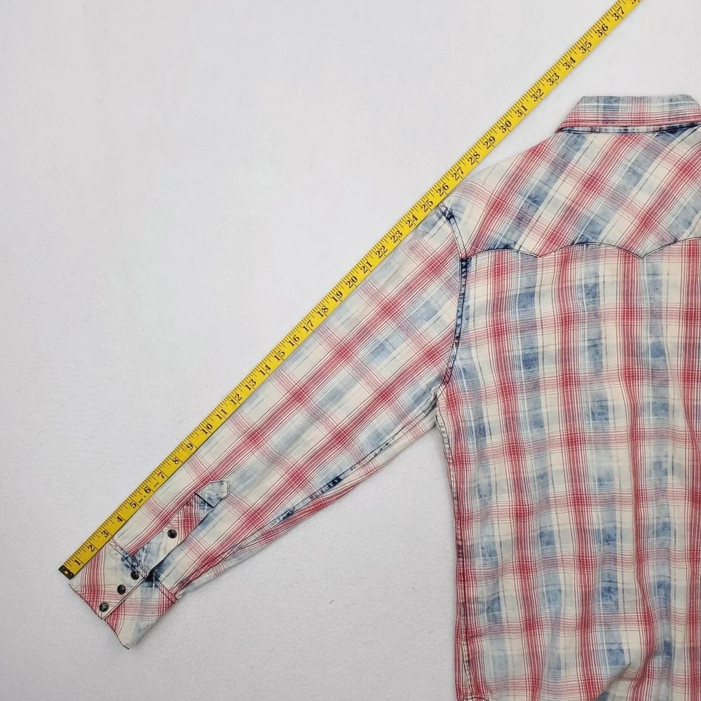 True Religion Shirt Men Large Red White Blue Plaid Western Pearl Snap Y2K Cowboy